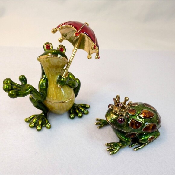 Two Pewter Enamel Rhinestone Frog Trinket Treasure Boxes Umbrella Monet Gift - Picture 1 of 7